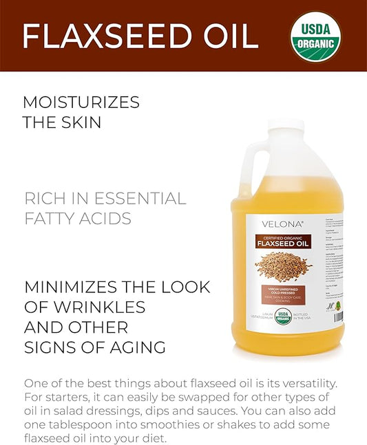 velona USDA Certified Organic Flaxseed Oil - 64 Fl Oz | 100% Pure and Natural Carrier Oil | Unrefined, Cold Pressed |Body, Face & Skin Care | Use Today - Enjoy Results…