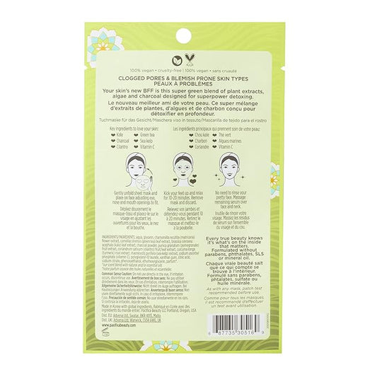 Pacifica Beauty Super Green Tea Detox Kale & Charcoal Facial Sheet Mask for All Skin Types, Vegan & Cruelty Free, 0.67 Fl Oz (Pack of 5)
