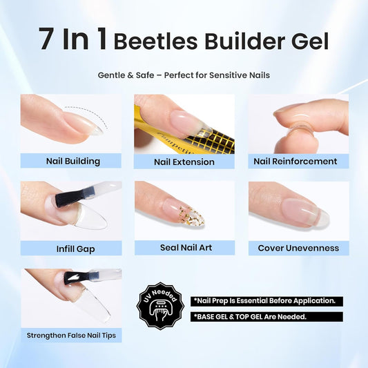 Beetles Builder Gel Set,Dew Glow 2 Pcs 0.5 oz 8 in 1 Nail Strengthening Apex Building Nail Extension for Beginner DIY Salon at Home,Clear Builder Nail Gel for Nails,Fall Nails,UV & LED Lamp Needed