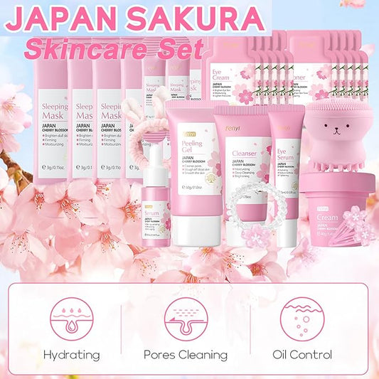Skincare Gifts For Teenage Girls,Cherry Blossom Skincare Sets,Facial kit,Pamper Sets For Women Gifts,Skin Care Sets & Kits (One Size, Cherry Blossom-SetB-Exfoliating)
