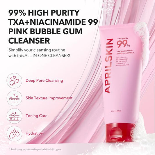 APRILSKIN TXA Niacinamide 99 Pore Care Pink Bubble Gum Deep Cleanser | 99% High-Purity TXA+Niacinamide | All-in-One Cleanser: Deep Cleansing, Blackhead Care, Pore Care, Moisturizing | 4.23 fl.oz.