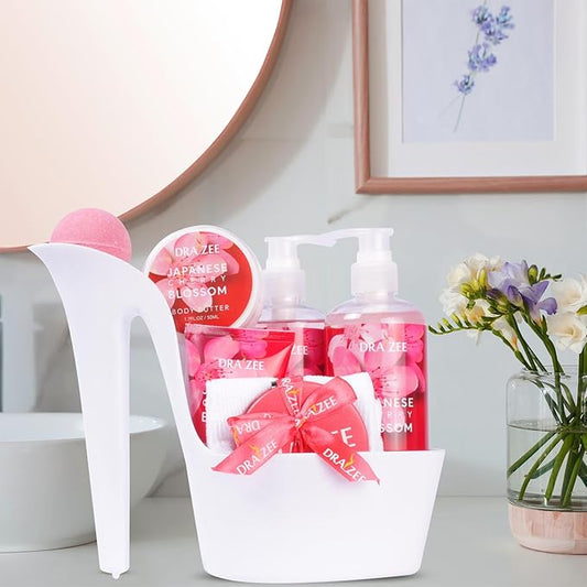 Draizee Mothers Day Gifts for Mom - Spa Gift Baskets for Women - 8 Pcs Luxury Cherry Blossom Scented Heel Shoe Design Bath and Body Spa Set-Self Care Package for Women, Presents for Mom, Body Care Set