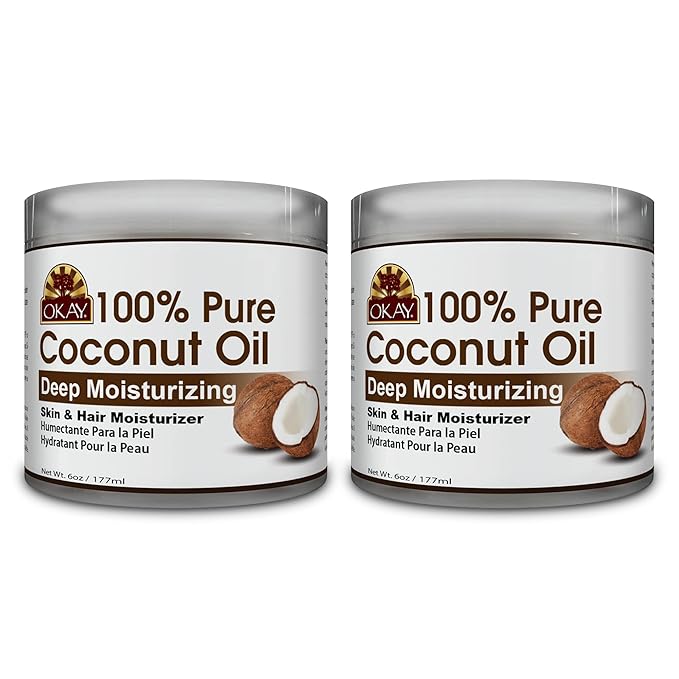Okay 100% Pure Coconut Oil for Hair & Skin - Coconut Oil for Women & Men, Perfect for Body & Face, Natural Massage Oil & Moisturizer - 6 Fl Oz Jar (Pack of 2)