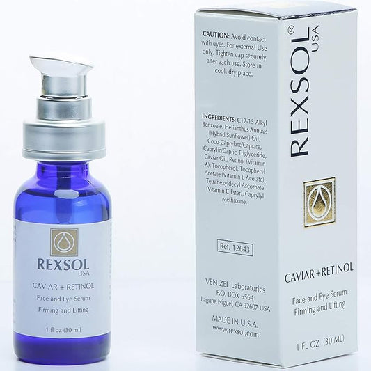 REXSOL CAVIAR + RETINOL Face and Eye Serum Firming and Lifting | With Vitamin C, Vitamin E & Vitamin A | Hybrid Sunflower & Caviar Oil | Revives the tone and texture of youthful skin. (30 ml/1 fl oz)