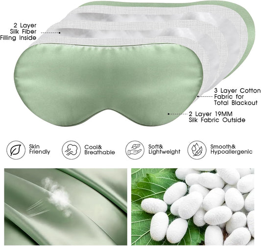 100% Mulberry Silk Eye Mask for Sleeping with Silk Wrapped Adjustable Strap,Sage Green
