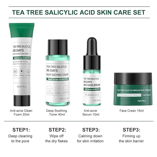 Skincare Mini Kit, Tea Tree Skin Care Sets & Kits, Acne Skincare Set Gifts, Anti Acne Facial Kit Gifts for Women,Cleanser, Toner, Serum, Cream,Oil Control Facial Kit, Airplane Friendly Sizes