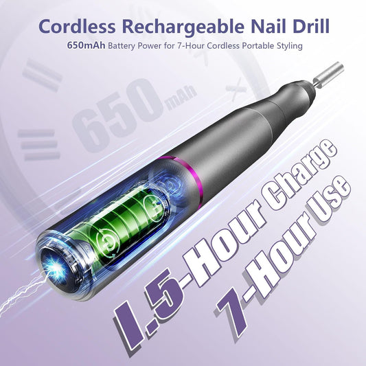 Cordless Nail Drill Electric Rechargeable File Kit, Professional Efile Acrylic Gel Nail Polish Remover Pedicure Manicure Machine Portable Set with 11 Bits 56 Sanding Bands for Salon Home Gray