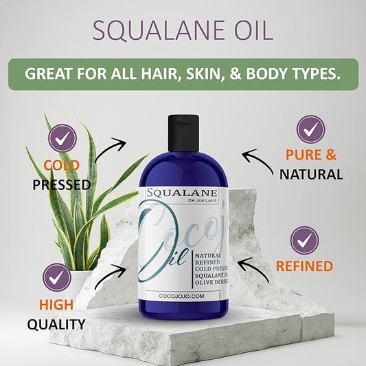 Dr Joe Lab Squalane Oil Pure Plant Derived Refined Cold Pressed Squalene From Olives Vegan Undiluted Bulk Carrier Oil for Face Skin Hair Body Cosmetics Natural Cleanser Moisturizer (8 oz)
