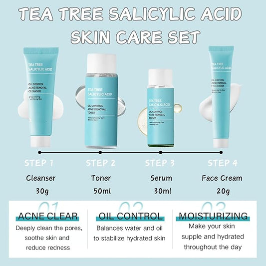 Tea Tree Salicylic Acid Skin Care Kit Teen Girl Gifts - 4 Pcs Skin Care Set Women Hydrating - Skin Care for Teens 10-12 - Acne Treatment for Face - Skincare Gift Set with Serum,Cream,Toner,Cleanser