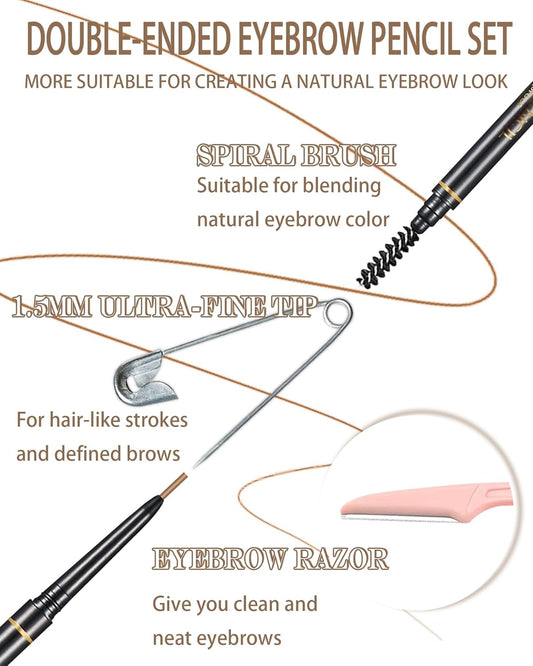 Medium Brown Eye Brow Pencils for Women, 6Pcs Waterproof Eyebrow Pencil, 1.5mm Micro-Fine Tip & Spiral Brush with Brow Razors Perfect for Creating a Natural and Delicate Eyebrow Look Makeup