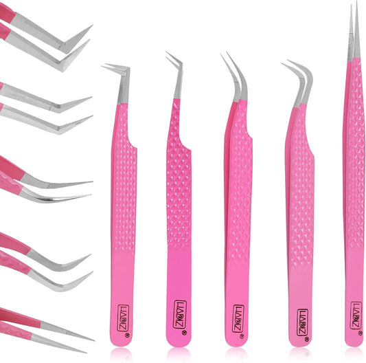 HADIZ Fiber Tip Eyelash Extension tweezers Lash Tweezer Japanese Steel set of five (Raspberry)