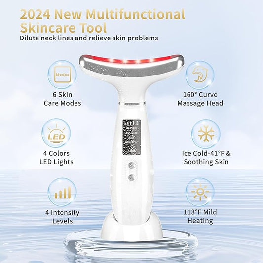 Red Light Therapy for Face and Neck, 4 Color LED Facial Light Therapy Device for Skin Care at Home, Micro-Current Vibration Facial Cold and Hot Service, Multifunctional Facial Skin Care Tools