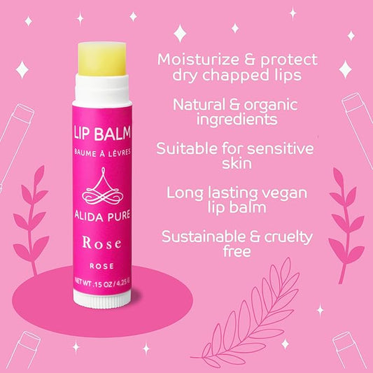 Rose Lip Balm Collection, Vegan Lip Balm Set, Beeswax Free, with Avocado Oil, Organic Jojoba Oil, and Vitamin E, Natural Moisturizer for Dry, Chapped Lips, 3 Tube Set