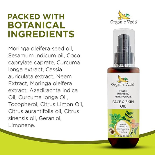 Organic Veda Moringa Face Oil with Neem & Turmeric - 100% Pure Cold Pressed Skin Care Oil Moisturizer for Face Hair & Skin, Natural Skin Glow - 3.4 oz