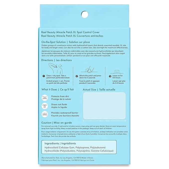 Rael Pimple Patches, Miracle XL Spot Control Cover - Hydrocolloid Acne Patch for Face, Zits & Blemish, Back and Body, Korean Skin Care, Vegan, Cruelty Free (6 Count)