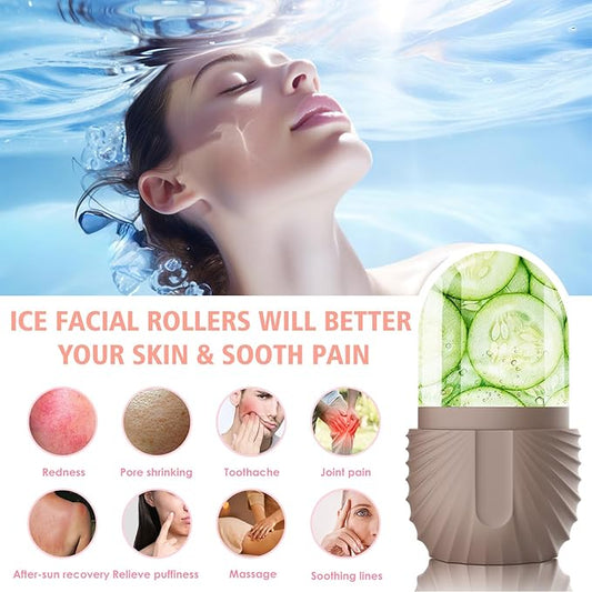 Ice Face Roller, Silicone Facial Ice Roller, Reusable Skin Care Massager Tools for Relieve Puffiness, Tighten Skin, Shrink Pores Shell Brown