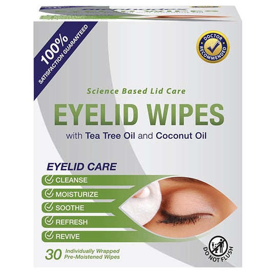 Lunovus Premium Eyelid Wipes With Tea Tree and Coconut Oil - Cleansing Wipes for People Itchy Eyes - Individually Wrapped - Box Of 30 Natural Eye Wipes