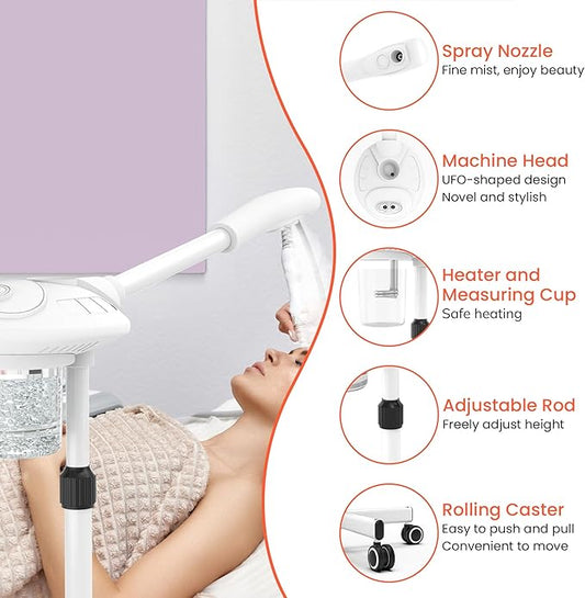 TASALON Professional Facial Steamer with Ozone, Vapor ozono Facial Steamer Professional for Clean Skin, Firm Pores, Esthetician Steamer for Home or Salon Use, Adjustable Height and Angle,White