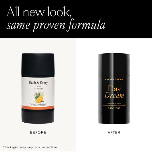 Each & Every Aluminum Free Deodorant for Women & Men, Citrus & Vetiver - All Natural Deodorant for Sensitive Skin, EWG Verified - Clean, Baking Soda-Free, Plant-Based Fragrance - 2.5oz, 2 Pack