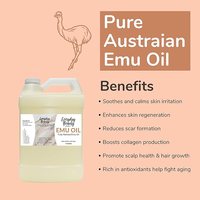 Emu Oil Bulk - 1 Gallon Pure & All Natural Refined Australian Emu Oil for Face, Skin and Hair - Great for Sensitive Skin and Hair Growth - For Scars and Piercings - High in Omega 3,6 and 9 Fatty Acids