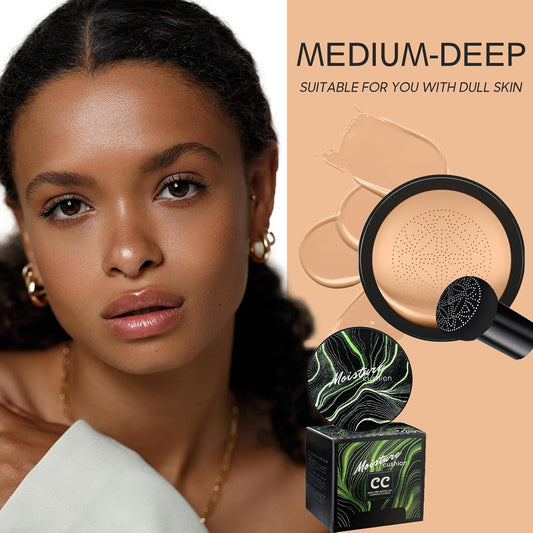 Mushroom Head Air Cushion CC Cream - BB Cream Foundation Makeup Moisturizing Concealer Long-Lasting, Cushion Foundation Full Coverage Self Adjusting for Mature Skin & All Skin Types (Medium Deep)