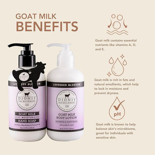 Dionis Goat Milk Skincare Lavender Blossom Body Lotion & Hand Soap Gift Bundle - Lavender Scented Cream & Concentrated Liquid Soap Gently Clean, Moisturize & Nourish Dry Hands, 8.5 oz Pump Bottles