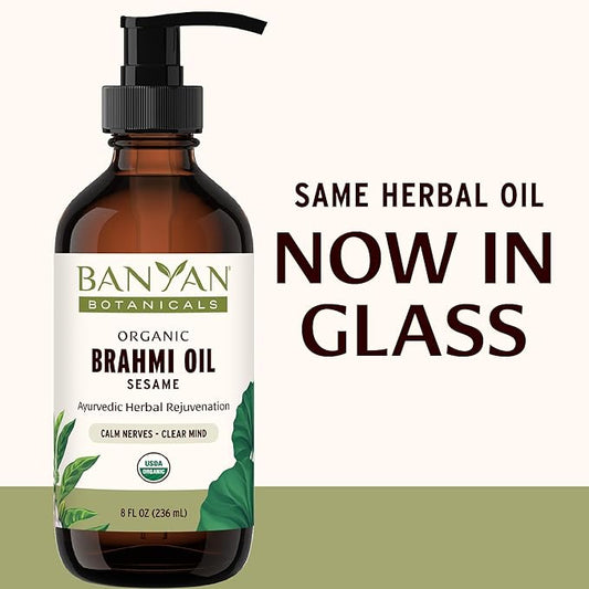 Banyan Botanicals Brahmi Oil with Sesame Base – Organic Ayurvedic Massage Oil with Gotu Kola and Bacopa – Calming Massage Oil for Focus & Relaxation – 8 oz – Non GMO Sustainably Sourced Abhyanga Oil