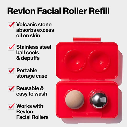 Revlon Oil Absorbing & Cooling Facial Roller Refill Pack with Volcanic & Stainless Steel Stones in Storage Case, Eco-Friendly, Easy to Clean, 1 count