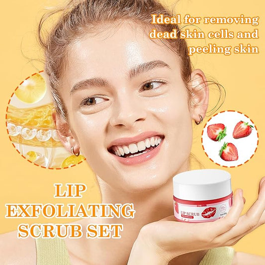 2 Pack Strawberry Lip Scrub Set,Long Lasting Moisturizing Lip Scrubber Exfoliator, Cleansing Hydrating Lip Exfoliator Scrub and Moisturizer Kit for Chapped Dry Lips