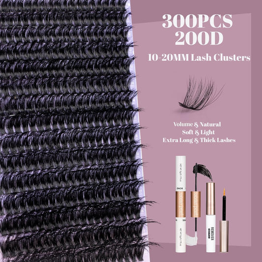 Ocean Pearl Lash Clusters 10-20mm 200D 300PCS Lashes DIY Lash Clusters Kit Individual Lashes Cluster Eyelash Extensions Natural Eyelashes DIY Eyelash Extension Kit with Bond+Seal+Remover+Tweezer-200D