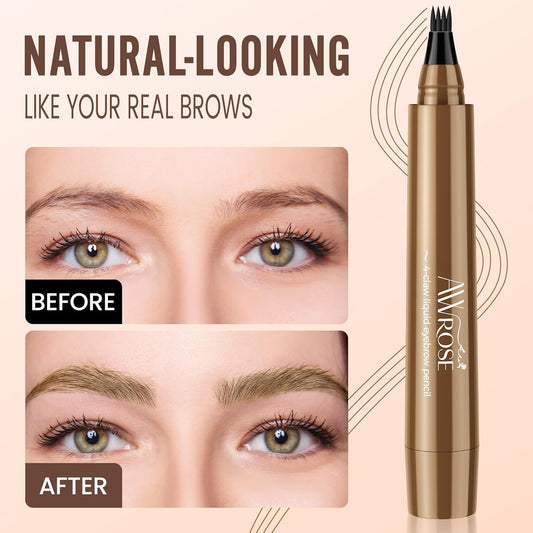 AWROSE Eyebrow Pencil, 2 Pack 3D Waterproof Microblading Eyebrow Pen 4 Fork Tip Tattoo Pencil, Precise Natural Magic Eye Brow Pen with Hair Like Strokes, 4 Points Multi-Used Eye Brow Pencils for Women