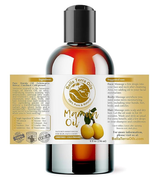 Bella Terra Oils - Marula Oil for Face 8 oz - Cold-Pressed Essence, A Symphony of Essential Fatty Acids, for an Enriched Skin Experience