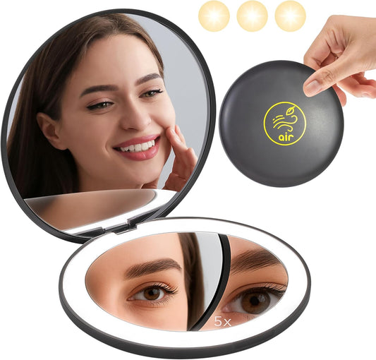 LanJo Lighted Compact Mirror with 1X/5X Magnification, Stepless Dimming & 3 Adjustable Light Settings, Rechargeable Makeup Mirror for Purse, Travel & Gifts – Air Sign Zodiac Design – Charcoal Grey