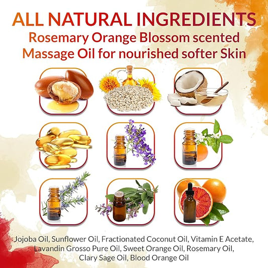 Massage Oil for Couples, Women & Men (1 Bottle, 8 fl oz) - Fox Envy Orange Blossom with Rosemary Scented Sensual Oil with Coconut Oil & Jojoba Oil - Enhances Stimulation for The Body & Muscles