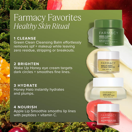 Farmacy Favorites Skin Care Set - Includes Green Clean Cleansing Balm, Wake Up Honey Eye Cream, Honey Halo Face Moisturizer & Lip Smoothie - Travel Size Skincare for Healthy, Glowing Skin (4 Count)