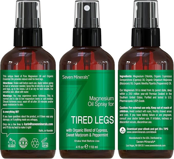 Seven Minerals Magnesium Oil Spray - Powerful USA Made Blend with Essential Oils (Cypress, Sweet Marjoram and Peppermint) - Free Ebook Included (4 fl oz)