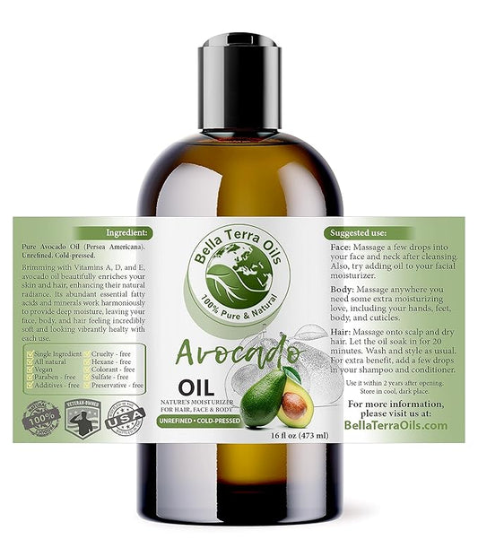 Bella Terra Oils - Avocado Oil 16oz - Cold-Pressed Purity, Unveiling Avocado's Nutritional Treasures, Perfect Carrier Oil for Blending Essentials
