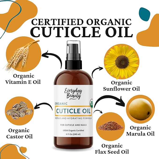 Organic Cuticle & Nail Oil - Repair, Revitalize & Hydrate Cuticles and Nails - Organic Spa Treatment - For Stronger Healthier Nails and Cuticles - 8 Fl Oz With Pump Top
