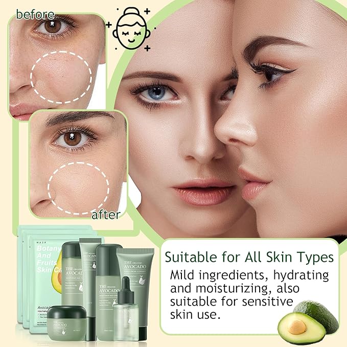 Avocado Skincare Set,Hydrating Travel Size Avocado Face Wash,Moisturizing Face Toner & Face Serum & Face Cream,Eye Cream Skin Care Gift Set for Women(9PCS)