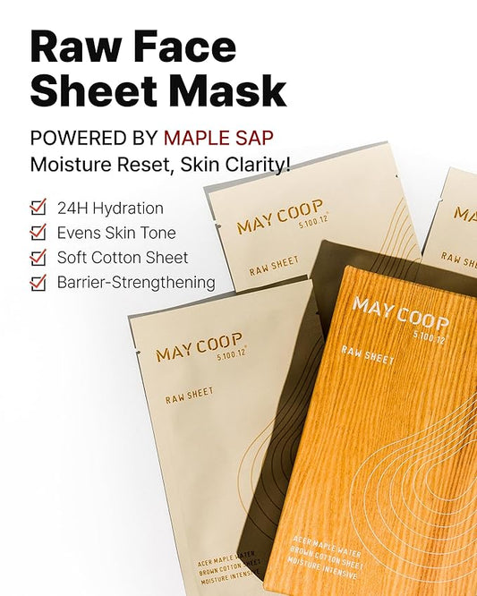 MAY COOP Raw Face Sheet Mask – Korean Hydrating & Clarifying Face Mask with 80% Maple Sap for Soothing and Balanced Skin - Soft Cotton Sheet for Hypoallergenic Skin, 6 Sheets