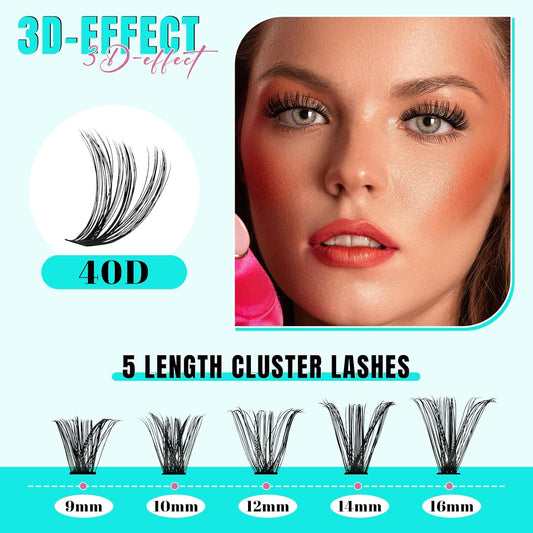 Lash Extension Kit 200PCS Lash Clusters Mix Eyelash Extension Kit with Waterproof Lash Bond and Remover,Individual Lashes with Lash Tweezers for Beginners at Home(40D,D-Mix9-16mm)