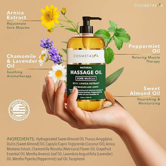 Cosmetasa Sore Muscle Massage Oil - 8.8 oz, Soothes Muscle and Joint with Arnica Extract, Peppermint, Chamomile, and Lavender Oil (8.8 oz, Sore Muscle)
