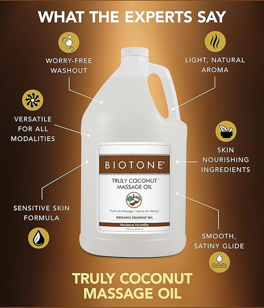 BIOTONE Truly Coconut Massage Oil with Organic Coconut Oil, Melts Away Tension and Promotes Deep Relaxation, Light, Versatile, Long-Lasting, Easy Wash-Out, Can Also Use as a Bodycare Oil