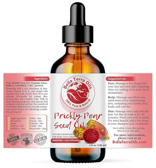 Bella Terra Oils - Prickly Pear Oil 4oz - Sourced from Pure Cactus Enclaves, Packed with Fatty Acids & Flavonoids, Impeccable for Silken Skin