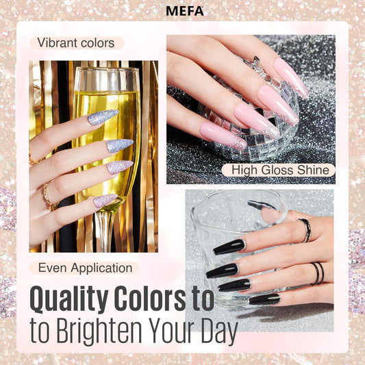 MEFA Glitter Gel Nail Polish Set 6 Colors, Chrome Platinum Sparkly Shiny Black Silver Champagne Turquoises Gel Polish Kit Soak Off Nail Art Design Salon at Home DIY Manicure Kit Gifts for Women