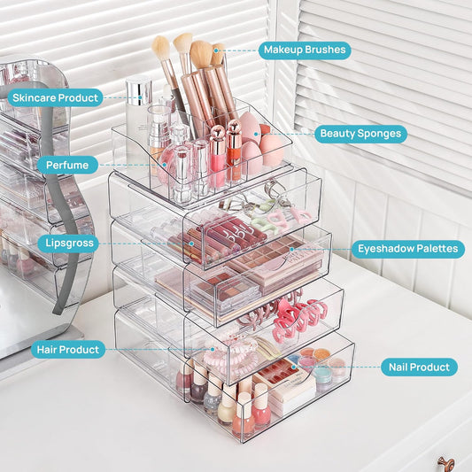 Vtopmart 3 Tier Clear Makeup Organizer with Drawer, Cosmetic Storage for Dresser Countertop and Bathroom Vanity, Beauty Holder for Lipstick Brush Skincare