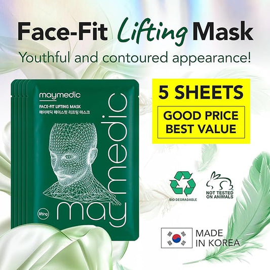 Face-Fit Lifting Mask, Green – Contour Enhancing & Hydrating Sheet Mask with Collagen, Hyaluronic Acid, Panthenol, and Allantoin for Firming & Soothing Sensitive Skin (5 Count)