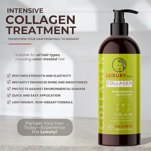 Collagen Hair Mask for Damaged Hair - Intense Hydration and Repair Formula, Boosts Growth and Thickness - Perfect for Both Curly and Dry Types, 33.8 oz