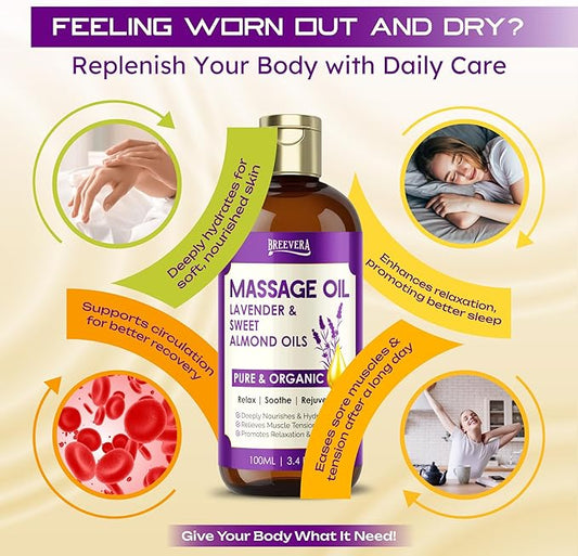 Massage Oil with Lavender & Sweet Almond Oils – Relieves Muscle Tension, Hydrates Skin, Promotes Relaxation & Well-Being, 100ml | 3.4 fl. oz.