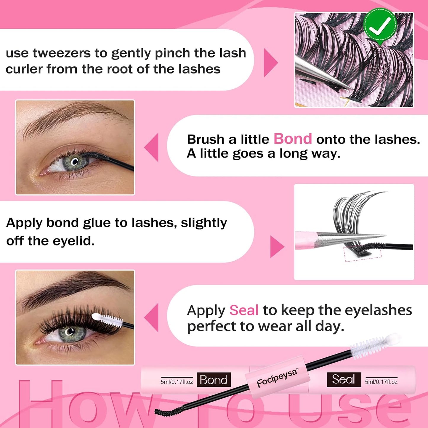 Focipeysa Eyelash Extension Kit D Curl Lash Clusters 280pcs DIY Lash Extension Kit 40D Individual Lashes with Lash Bond and Seal Lash Applicator DIY Lashes Kit for Individual Eyelashes Beginners